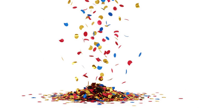 Confetti cascade in red, gold, and blue, forming a pile and scattering, symbolizing celebration, joy, and festivity