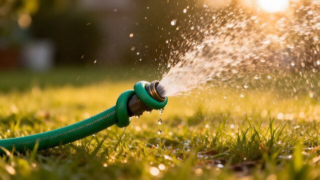 constriction. Green garden hose kinked, spraying water on sunlit grass. event key visuals, club posters, designed for sports event promotions and stadium branding and fitness apps and gym onboarding.