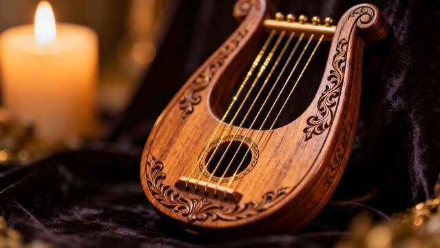 lyre. Ornate small lyre harp with carved details, strings glinting in warm light. lifestyle magazines, social media lookbooks, designed for influencer and brand collaborations.