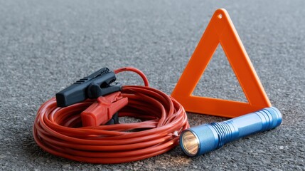 Fototapeta premium Jumper cables safety triangle flashlight arranged on asphalt at night, compact coiled cables with clamps, reflective triangle upright, LED torch beside battery clamps, subtle streetlight bokeh, tense