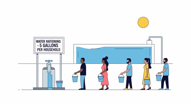 People line up for water rationing, limited supply, drought concept
