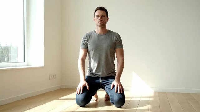 Indoor men do squat fitness exercises, home men's fitness exercises