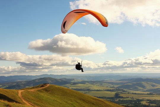 Solo paraglider flies high above rolling green hills and distant mountains. Person enjoys freedom in the sky with clouds and clear blue sky. Active leisure.