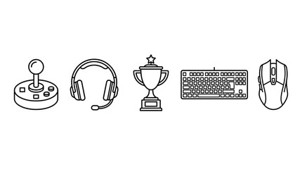 Set of gaming icons including joystick headset trophy keyboard and mouse. © Dewi Lestari