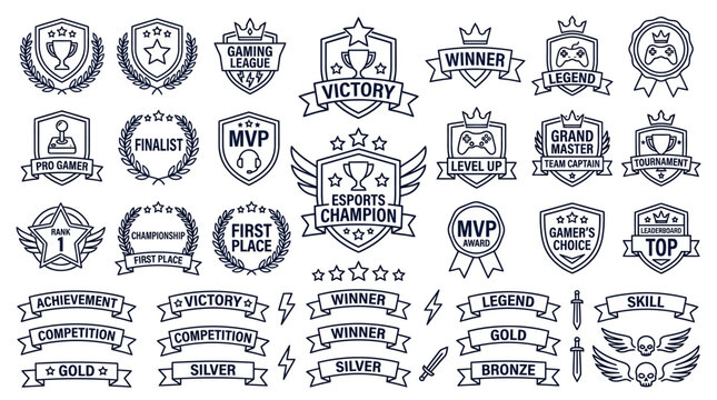 Set of esports gaming badges emblems and achievement ribbons.