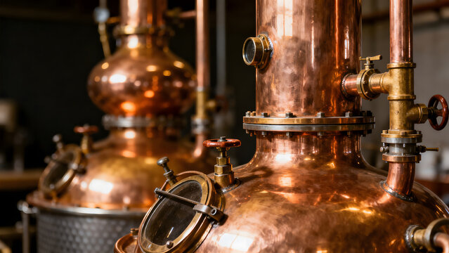 alembic. Detailed copper alembic still with polished pipes in warm light. bar promotions, beverage menus, packaging labels, designed for product packaging and bar promotions, used by professors.