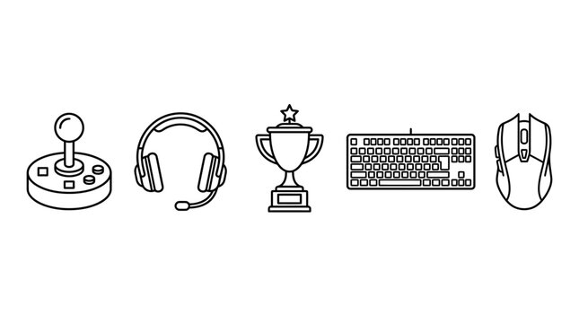 Set of gaming icons including joystick headset trophy keyboard and mouse.