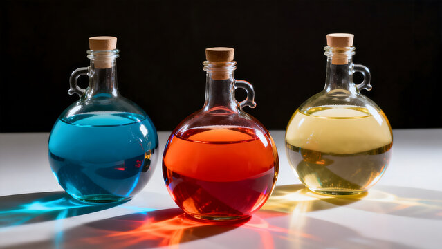 demijohns. Colorful liquids in round glass demijohns creating light refraction, dark background, crisp details. STEM education sheets.