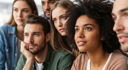 Fototapeta premium Diverse group of young professionals listening attentively in a modern office meeting.