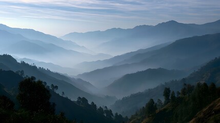 Fototapeta premium Layered mountain ranges shrouded in atmospheric mist create a serene and dramatic landscape view