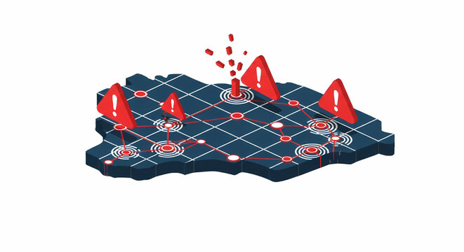 Illustration of network map with risk warning alerts