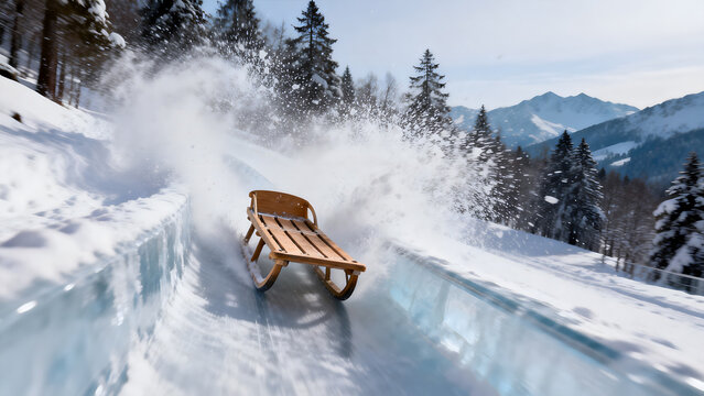 toboggan. A wooden toboggan speeds down an icy chute, spraying snow into the air. event key visuals, club posters, designed for fitness apps and gym onboarding, used by event planners.