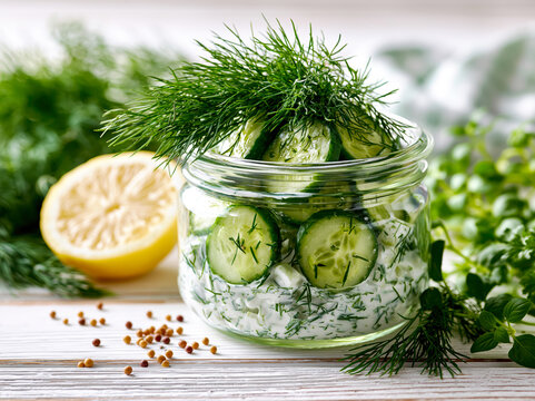 Creamy Cucumber Dill Salad in Rustic Glass Jar. AI generative.