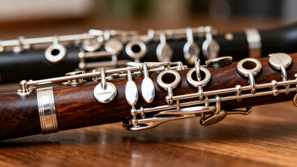 Obraz premium bassoon. A dark wood bassoon with silver keys, showcasing its elegant curves in a close-up view. tutorial guides, club newsletters, designed for sports & leisure club marketing.