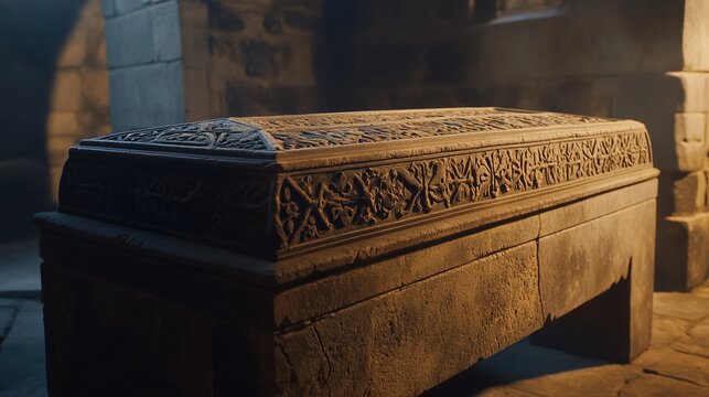 sarcophagus. Stone sarcophagus with intricate carvings in soft light, weathered texture detail. event programs, museum guides, designed for cultural heritage projects and event programs.