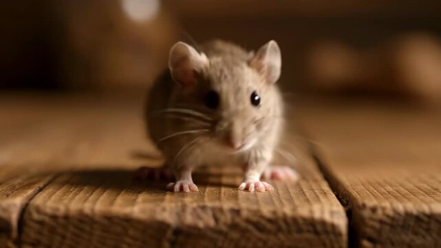Close-up of the little mouse on the wooden table, cute moment of the little mouse looking into the head