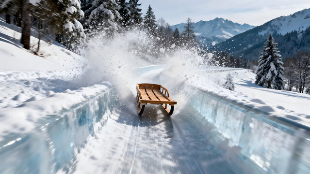 toboggan. A wooden toboggan speeds down an icy chute, spraying snow into the air. event key visuals, club posters, designed for fitness apps and gym onboarding, used by event planners.