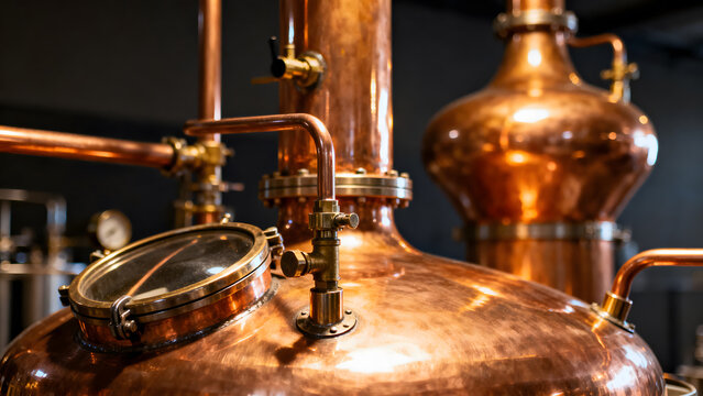 alembic. Detailed copper alembic still with polished pipes in warm light. bar promotions, beverage menus, packaging labels, designed for product packaging and bar promotions, used by professors.