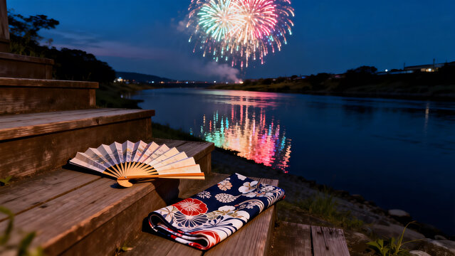 yukata. Folded fan and yukata sleeve on doorstep with fireworks over Sumida River, Tokyo summer celebration. event programs, museum guides, designed for cultural heritage projects and event programs.