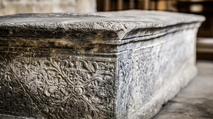 Naklejka premium sarcophagus. Stone sarcophagus with intricate carvings in soft light, weathered texture detail. event programs, museum guides, designed for cultural heritage projects and event programs.
