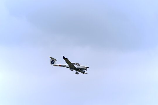 Mfgz propeller airplane type Diamond DA40 NG registration HB-SGY landing on runway 14 at Swiss Z&uuml;rich Airport on a cloudy autumn day. Photo taken October 17th, 2025, Zurich Oberglatt, Switzerland.