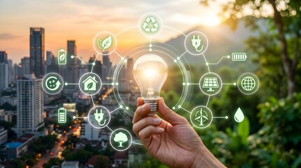 Fototapeta premium Sustainable energy concept hand holding glowing bulb over city landscape