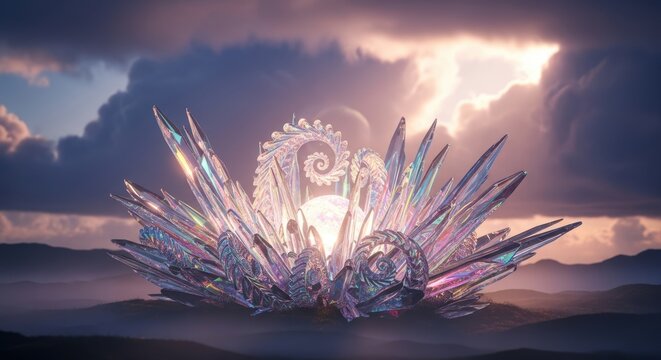 Abstract art design with glowing pink light rays and sharp metallic spikes in a dark mysterious background