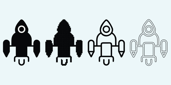 Set of rocket ship icons in different graphic styles including solid black silhouette pixel art and thin line vector variations