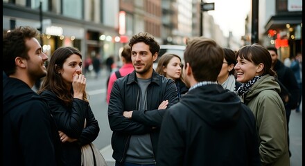 Fototapeta premium Diverse group of young adult friends standing and talking on a busy city street.