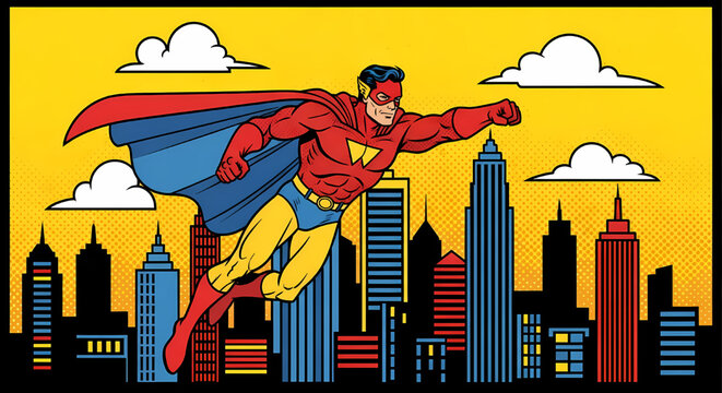 Superhero flying over a comic book style city skyline
