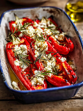 Roasted Red Peppers with Garlic Herbs and Feta Cheese. AI generative.