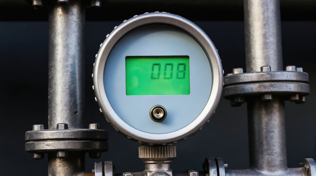 Silver industrial flow meter displays numeric reading on green screen. Metal pipes and gauges show precise measurement, control, and monitoring of fluid or gas systems in tech industry.