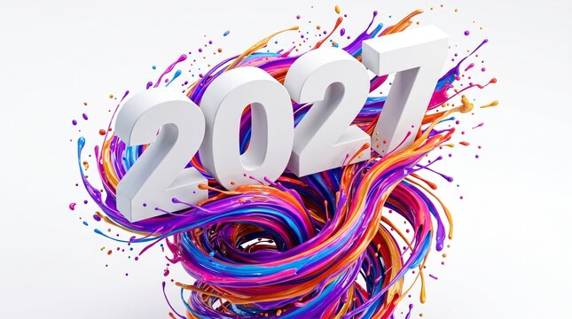A 3D render of the year 2027 with vibrant colorful paint splashes and swirling liquid ribbons against a white background, perfect for New Year celebration graphics.
