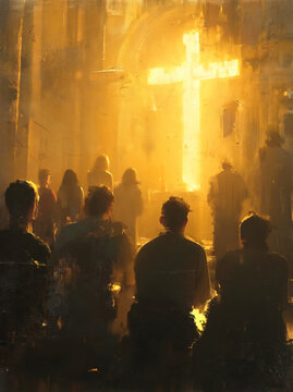 People Praying in Church with Glowing Cross Light &ndash; AI Generative