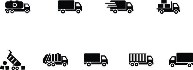 Commercial Delivery and Service Truck Silhouette Set Featuring Cargo Waste Tanker Logistics and Transport Vehicles © MdMamunur