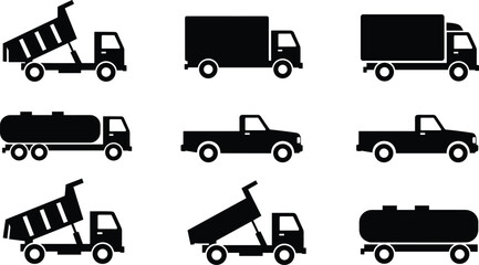 Commercial Truck Silhouette Collection Featuring Dump Trucks Tanker Vehicles Pickup Trucks and Delivery Transport Fleet © MdMamunur