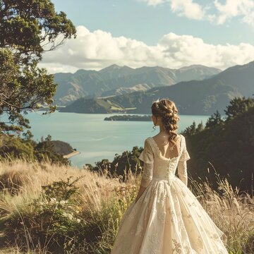 Woman in white dress overlooking tropical lake with mountains.
