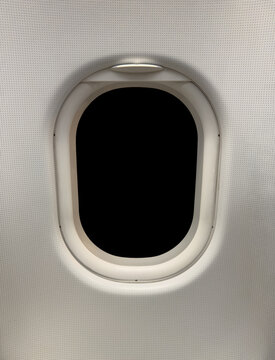Airplane Window Mockup with Isolated Black Screen Inside Aircraft Cabin