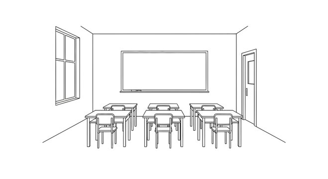 Empty Classroom with Desks and Whiteboard - Line Art Illustration