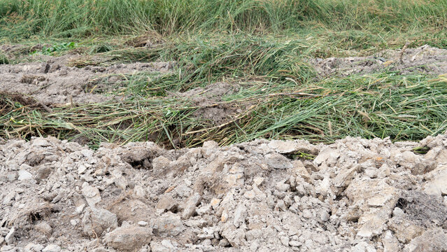 Textured shot of freshly tilled. Cloddy dirt ground covered partially with cut green grass and weeds showcasing agricultural soil preparation or rural landscape development.
