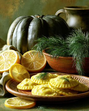 Pumpkin Ravioli with Ricotta Cheese and Lemon Rustic Autumn Food Still Life AI Generative
