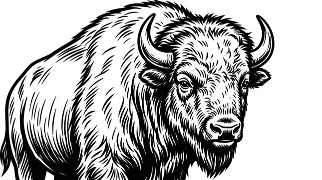 Detailed woodcut illustration of a wild bison head.