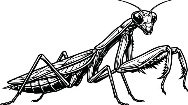 Engraving style profile of a praying mantis insect.