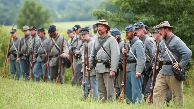 regiment. Historical reenactors in period costumes standing in formation during outdoor daytime event. event programs, museum guides, designed for cultural heritage projects and event programs.