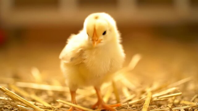 Close-up of a chick standing on straw, a cute little yellow chicken pecking at the straw