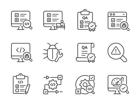 Software testing icon set. Collection of quality assurance, bug tracking, automation verification and performance optimization line icon vector illustration with editable stroke.