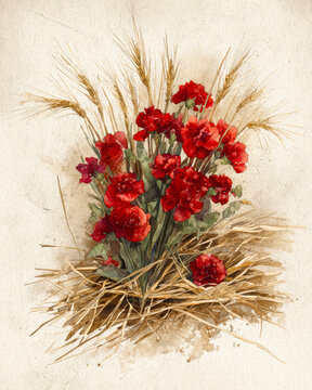 Vintage Botanical Bouquet of Red Carnations and Wheat on Rustic Paper. AI generative.