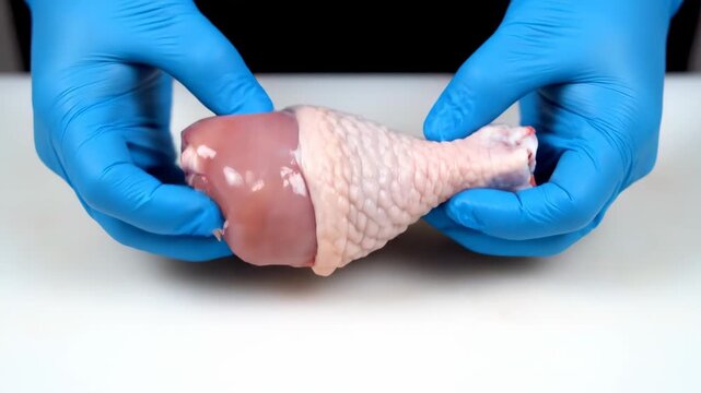 Wearing gloves to operate raw chicken materials, close-up display of raw chicken legs