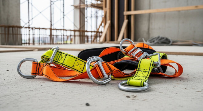 Bright orange and yellow safety harness with metal D-rings lying on a concrete floor at a construction site.
