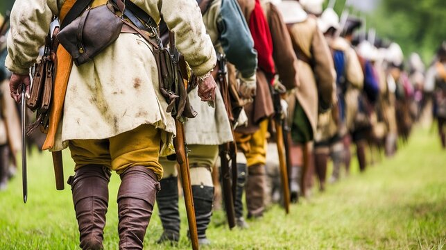 regiment. Historical reenactors in period costumes standing in formation during outdoor daytime event. event programs, museum guides, designed for cultural heritage projects and event programs.